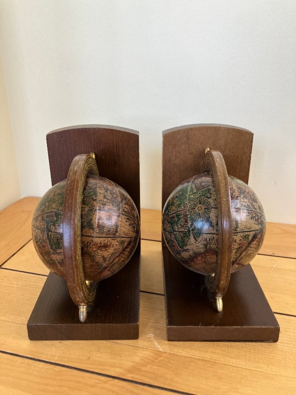 Old World Globe Bookends Pair Wood Base Vintage Made in Italy 6.5" Tall